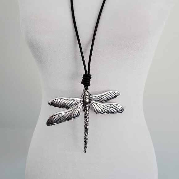 Elegant Large Silver Dragonfly Pendant on Long Leather Cord Necklace Rustic Look - Picture 7 of 12